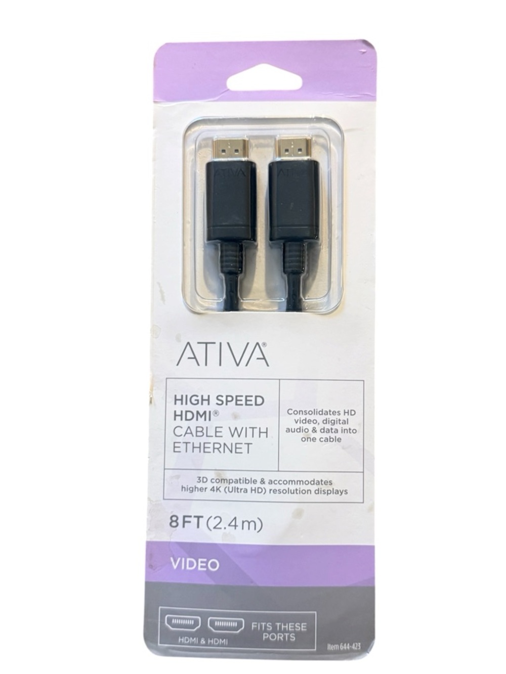High Speed HDMI Ethernet Cable, 8ft, bi- directional, 2 male plugs